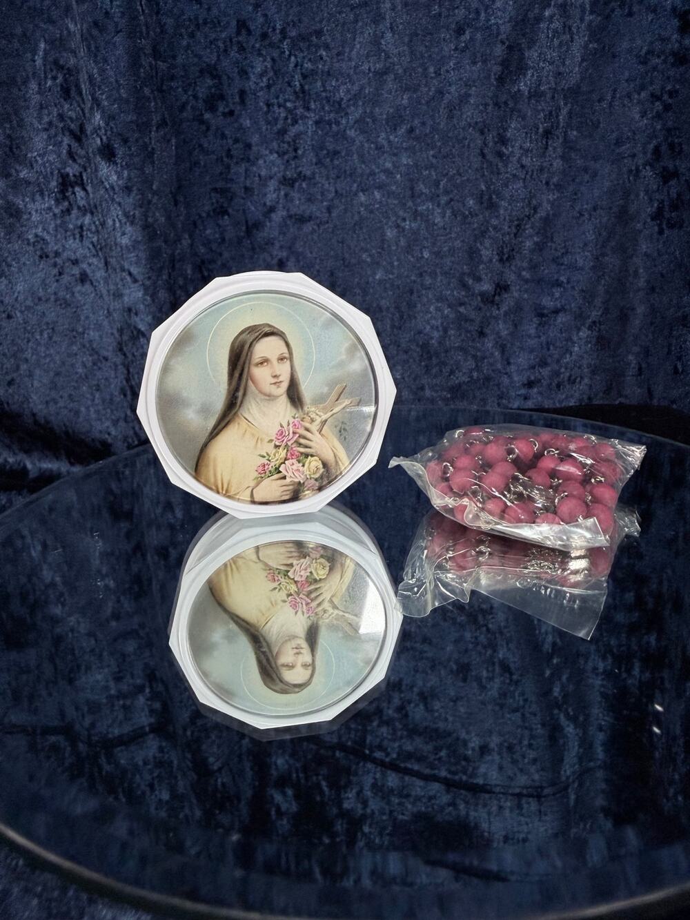 Vintage Rose-Scented Rosary Necklace and Box Pink Beads and Saint Therese Prayer